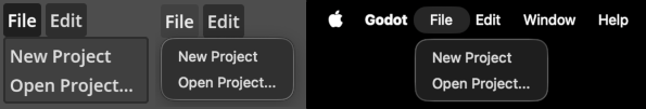 Comparison between standard MenuBar (left), MenuBar with native popups (middle), and native menu (right) on macOS