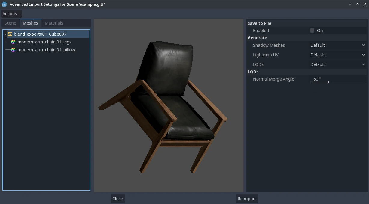 Advanced Import Settings dialog (Meshes tab)